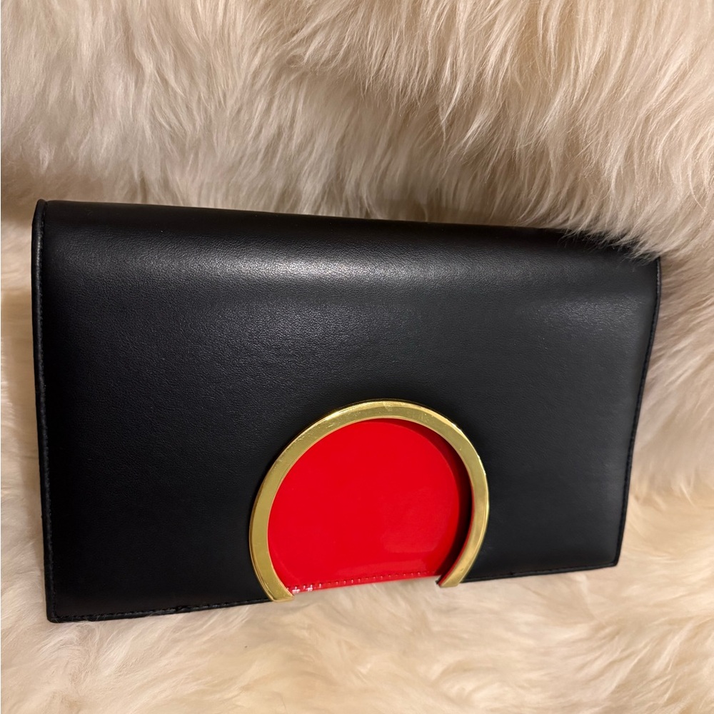 Saks Fifth Ave Vintage Two-Tone Black and Red Clutch with Gold HorseShoe Clasp